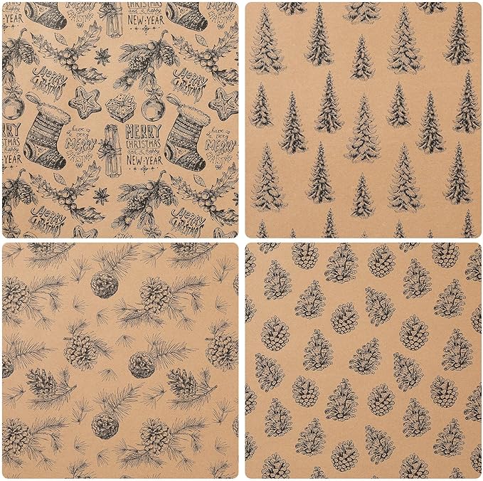 YANGTE Vintage Christmas Wrapping Paper Rolls, Brown & Black Wrapping Paper Christmas with Twine and Greeting Cards, 4 Rolls Holiday Gift Wrapping Paper, 17 x 120 inch per Roll