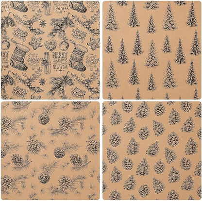 YANGTE Vintage Christmas Wrapping Paper Rolls, Brown & Black Wrapping Paper Christmas with Twine and Greeting Cards, 4 Rolls Holiday Gift Wrapping Paper, 17 x 120 inch per Roll