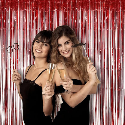 Red Tinsel Curtain Party Streamer, Foil Curtain Backdrop Photo Booth Props for Birthdays Bridal Shower Valentines New Years Party Decorations - 2 Pack 3.2×8.2ft