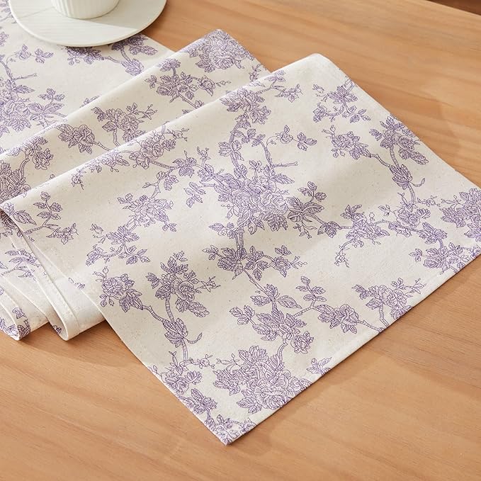 100% Cotton French Pastoral Table Runners, 13x108 Inch Purple Farmhouse Table Runners 108 Inches Long, Vintage Flowers Print Home Decors