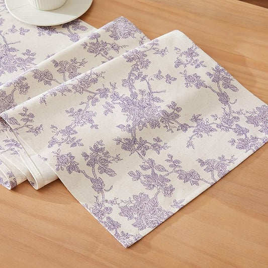 100% Cotton French Pastoral Table Runners, 13x36 Inch Purple Farmhouse Table Runners 36 Inches Long, Vintage Flowers Print Home Decors