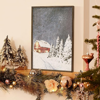 ArtbyHannah Framed Christmas Canvas Wall Art Decor Set of 2, Large Xmas Pictures Prints Paintings for Living Room Bedroom, Winter Holiday Home Indoor Decorations with Red House and Tree (16x24 Inch)