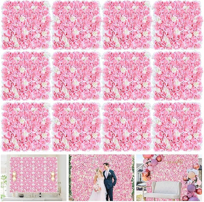 Flower Wall Panel Pink Backdrop: 12 Pcs 15 x 15 Inch 3D Silk Flower Wall Backdrop Artificial Hydrangea Floral Backdrop for Christmas Wedding Party Birthday Decoration (3.75ft by 5ft)