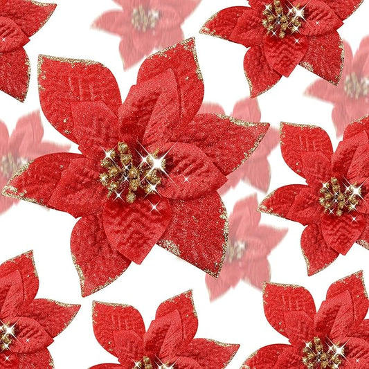 WILLBOND 24 Pcs 3 Size Poinsettia Flower Artificial Christmas Decor Glitter Poinsettia Christmas Ornaments Faux Flowers for Xmas Tree Outdoor(4/6/7.9 Inches,Red)
