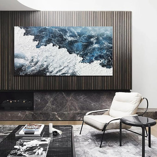 Abstract Wall Art Decor Abstract Canvas Wall Pictures for Living Room Large Blue White Wall Art Prints Beach Wave Artwork for Walls Coastal Modern Wall Art Decorations Home Office Wall Art Decor 24" X 48"