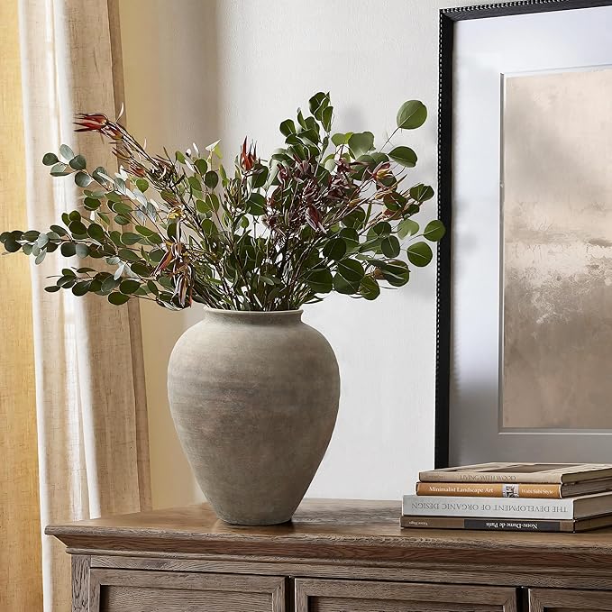 LuxenHome Rustic Ceramic Vase, 12.4" Tall Terracotta Pot with Earthy Gray-Brown Finish, Vintage Pottery for Dining Table Living Room Decor, Farmhouse Flower Vase for Entry Way Table Home Decor