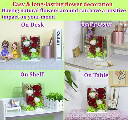 Valley of Rain & Forest Long-Lasting Real Flowers, Handcrafted Preserved Rose Bush For you to Send Love for All Occasions, Floral Arrangement for Indoor Decoration (Red White Roses Arrangement)