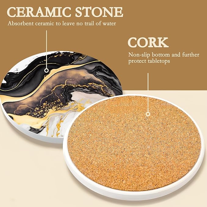 Black Gold Marble Ceramic Coaster Set of 6, Water-Absorbent Beverage Pads for Dining Table Decor & Glass Protection