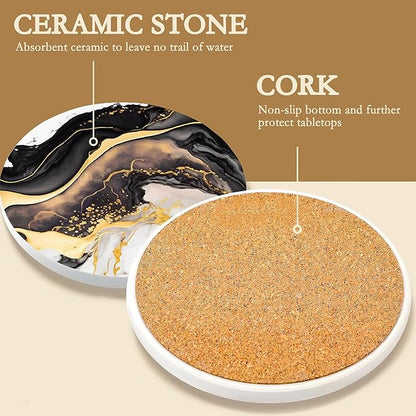 Black Gold Marble Ceramic Coaster Set of 6, Water-Absorbent Beverage Pads for Dining Table Decor & Glass Protection