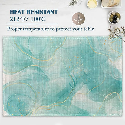 Placemats-Pastel Cyan Flowing Gold Marble Linen Table Place Mats Set of 4 Non-Slip Heat Resistant Table Mats for Dining Kitchen Cabin Decor 12x18 Inch