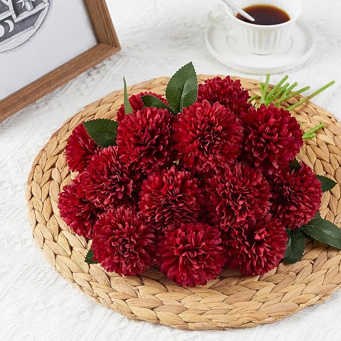 SITUMEIZI 12 Pcs Burgundy Flower Artificial Chrysanthemums Flowers Ball Flower Fake Mums Silk for Halloween Thanksgiving Day Fall Wedding Home Decoration Floral Arrangement