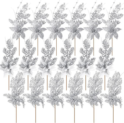 18 Pack 3 Styles 17 Inch Christmas Glitter Poinsettia Berry Stems Ornaments Artificial Floral Branches Picks for Christmas Tree Home Vase Holiday Party Decor(Silver)