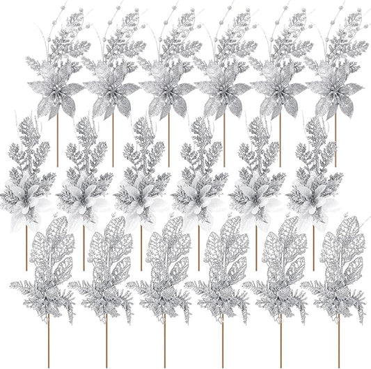 18 Pack 3 Styles 17 Inch Christmas Glitter Poinsettia Berry Stems Ornaments Artificial Floral Branches Picks for Christmas Tree Home Vase Holiday Party Decor(Silver)
