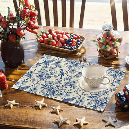 Vintage Flower Bird Placemats Set of 6, 12x18 Inch Waterproof Stain Resistant Linen Table Placemats Summer Seasonal Farmhouse Kitchen Party Decor Home Decor