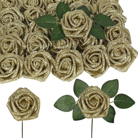 Gold Glitter Roses, 50PCS Fake Roses 2.76" Gold Flowers Artificial for Decoration Wedding Christmas Home Table Floral Arrangement