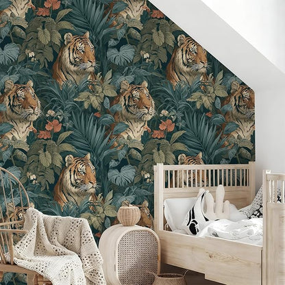 Jungle Peel and Stick Floral Bird Contact Paper Fierce Tiger Removable Botanical Leaf Wallpaper 17.7" x 118.11" Wall Paper Watercolor Self Adhesive for Classroom Bedroom Laundry Room Bathroom