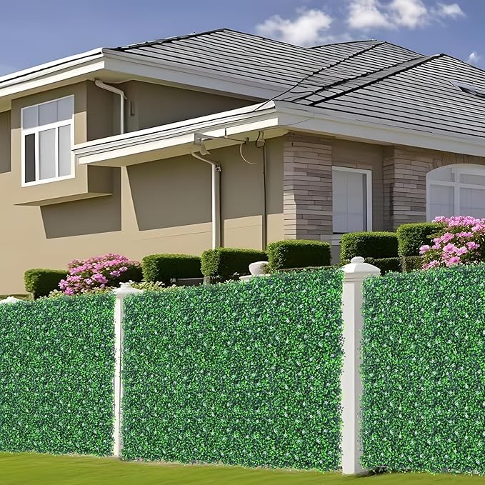 Artificial Boxwood Roll Panels with Flowers,40"x 120"(33.33 sq.ft) UV-Anti Faux Ivy Leaves Privacy Fence Screen Grass Wall Roll Panels for Indoor Home Decor and Outdoor Garden Backyard