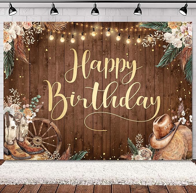 SVBright Western Cowgirl Birthday Backdrop 7Wx5H Pampas Grass Country Wild West Rustic Wooden Boho Flower Retro Boots Hat Farmhouse Decorations Photography Background Banner Photo Booth Studio