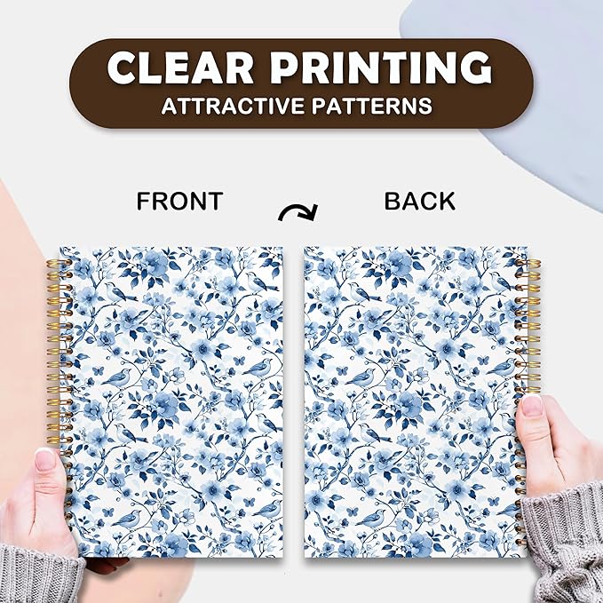VIIJJUE Chinoiserie Blue and White Porcelain Notebook Journal, Blue Flowers Notebooks for Note Taking, Hardcover Spiral Journal 5.5x8.3 Inch