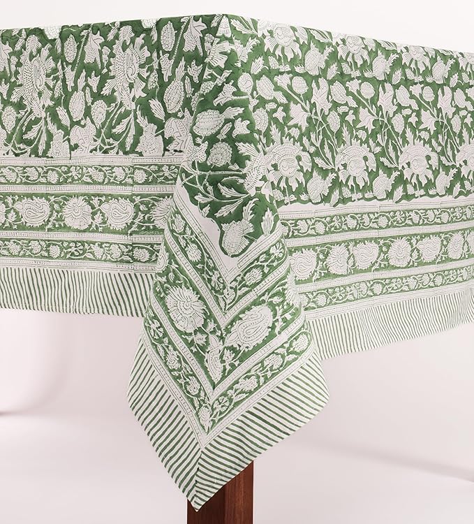 ATOSII Meraki Green 100% Cotton Rectangle Tablecloth, Hand Block Print Washable Table Cover, Dining, Christmas Parties, Outdoors, Weddings, Thanksgiving, Halloween Fall Decor 60 X 108 Inches, 8 Seater