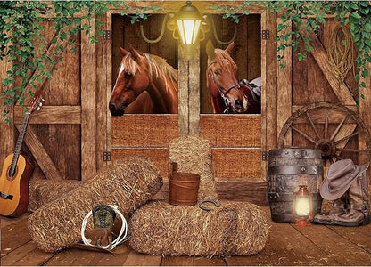 SVBright Western Cowboy Backdrop Stable Backdrop 7Wx5H Garage Door Wild West Horse Brown Barn Door Old Wood Wheels Boy Man Birthday Decorations Photography Background Photo Booth Studio