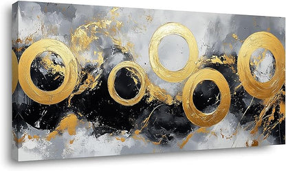 IDAFU Black Gold Abstract Canvas Wall Art Golden Circular Design Wall Décor,Modern Minimalist Black Gold Pictures Ready for for Living Room, Bedroom, Hallway Office Wall Decor 46L x 23W