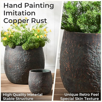 Wallowa Large Outdoor Planter, 17.32"+12.99"+9.06" Dia Round Weathered Concrete Planter Set of 3, Flower Pots with Drainage Holes, Sealing Plug for Garden, Patio, Home, Office, Greenish Bronze Rust