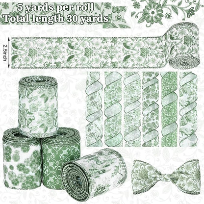 Lyrow 6 Rolls Chinoiserie Ribbon Sage Green Wired Edge Floral Ribbon Botanical Floral Flower Pattern Fabric Craft Wreath Bow Wrapping 2.52 Inches by 5 Yards