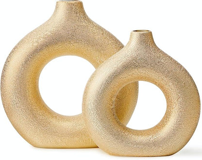 Modern Donut-Shaped Decorative Vases, Handmade Minimalist Boho ins Style, Modern Vase for Home Decor for Wedding Dinner Table Party Living Room Office Bedroom (Gold, Extra Large + Large)