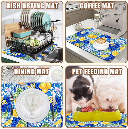 Lemon and Blue Tile Dish Drying Mat for Kitchen Counter Coffee Mat Hide Stain Absorbent Rubber Backed Dish Drainer Rack Pad Espresso Machine Coffee Bar Accessories 15.7 x 23.6 Inch