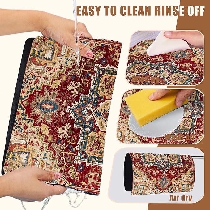Boho Dish Drying Mat Persian Tribal Coffee Bar Mat for Countertop Absorbent Rubber Backed Hide Stain Dish Drainer Rack Pad Coffee Maker Espresso Machine Dining Room Decoration 11.8 x 19.7 Inch