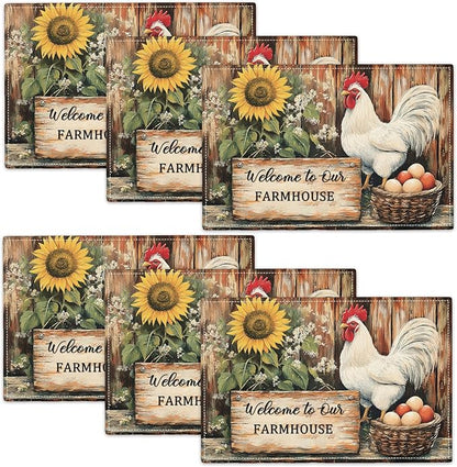 Farmhouse Rooster Placemats Set of 6, Rustic Chicken Place Mats, Country Sunflower Dining Table Mats, Washable Placemats for Kitchen Dining Room Home Decor 18L'' × 12W''