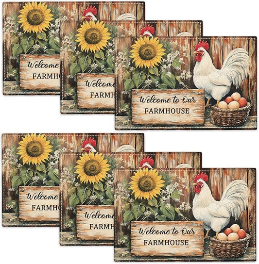 Farmhouse Rooster Placemats Set of 6, Rustic Chicken Place Mats, Country Sunflower Dining Table Mats, Washable Placemats for Kitchen Dining Room Home Decor 18L'' × 12W''