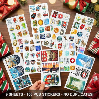 100 PCS Switzerland Stickers Pack, Vinyl Waterproof Decals of Zurich Alps Matterhorn Swiss Flag Cheese Chocolate Travel Souvenirs, Gift for Teens Adults Scrapbook Laptop Water Bottle Car