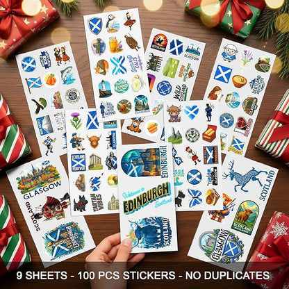 100 PCS Scotland Stickers Pack, Vinyl Waterproof Decals of Edinburgh Glasgow Highland Cow Castles and Scottish Symbols, Travel Souvenir Gift for Teens Adults Scrapbook Laptop Water Bottle
