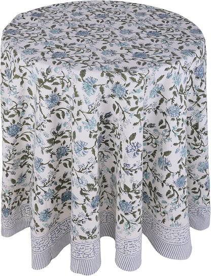 ATOSII Mahoka Blue 100% Cotton Round Tablecloth, Block Print Floral Table Cloth for Dining, Parties, Weddings, Outdoors, Holidays I 90" Inches, 6 Seater I Grandmillennial Farmhouse Boho Summer