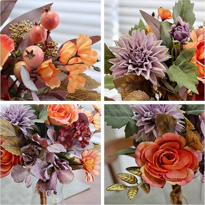 Set of 2 Fall Themed Artificial Flowers Bouquets for Fall Decor, Life-Like Autumn Colored Faux Peonies Dahlias Daises Berries Bouquets for Vase, Fall Floral Arrangement for Home Table Centerpiece