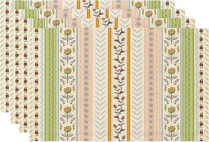 LilyCat Linen Fabric Multicolor Floral Placemats, Stripes Durable Boho Dining Table Mats for Kitchen, Rustic Vintage Washable Place Mats Set of 4, 18’’× 12’’