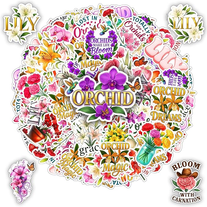 109 PCS Orchid Lily Carnation Stickers Pack, Floral Vinyl Waterproof Decals of Elegant Orchids Pure Lilies Colorful Carnations, Gift for Teens Adults Scrapbook Wall Water Bottle Car