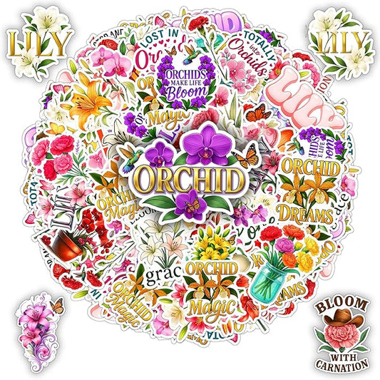 109 PCS Orchid Lily Carnation Stickers Pack, Floral Vinyl Waterproof Decals of Elegant Orchids Pure Lilies Colorful Carnations, Gift for Teens Adults Scrapbook Wall Water Bottle Car