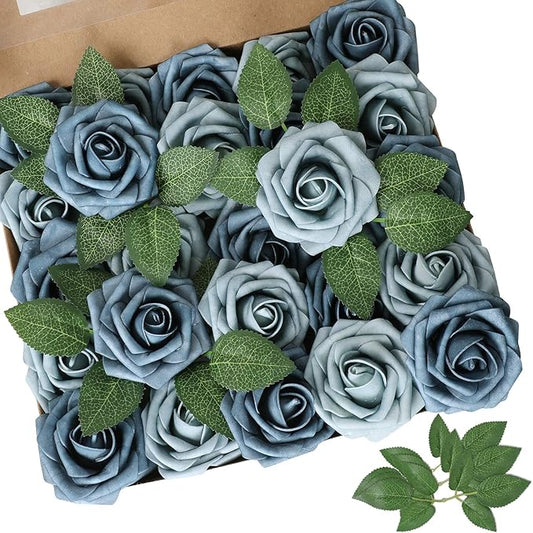 AmyHomie Artificial Flower Dusty Blue Shades Rose 25pcs Real Looking Fake Roses w/Stem for DIY Wedding Bouquets Centerpieces Arrangements Party Baby Shower Valentines Day Christmas Tree Decorations