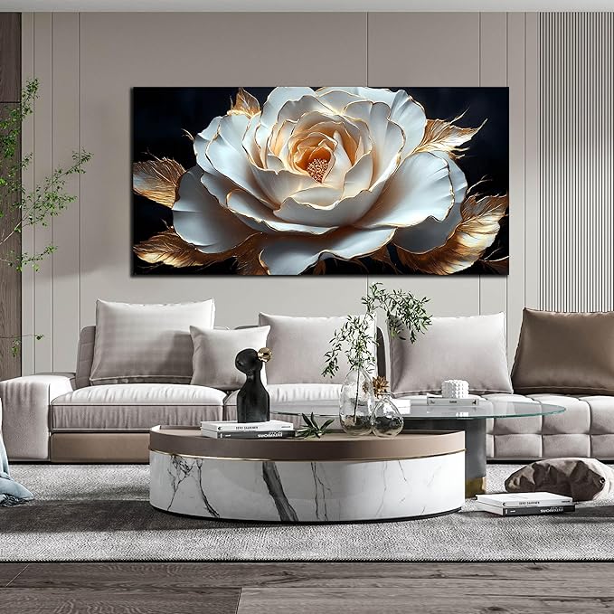Large White Flower Canvas Wall Art for Living Room Bedroom Home Office Black and White Flower Picture Modern Canvas Prints Framed Wall Decor Artwork Size 29x59