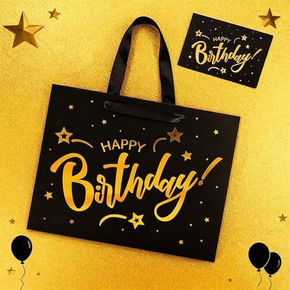 ASYEHJNR 13" Large Size Black Gold Birthday Gift Bag Twinkle Star with Metallic Gold Happy Birthday Sign Gift Bag with Greeting Card and Tissue Paper for Girls Boy Women Men Bday Supplies