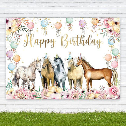 Riyidecor Horse Happy Birthday Backdrop Watercolor Hat Floral Plants Western Cowgirl 7Wx5H Feet Polyester Fabric Modern Balloons Photography Background Cool Table Decor Banner Studio Photo Shoot