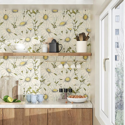 Boho Wallpaper Peel and Stick Daisy Floral Wallpaper 17.5in x32.8ft Vintage Leaf Contact Paper Vinyl Self Adhesive Removable Modern Floral Wall Paper for Bedroom Walls Cabinet Drawer
