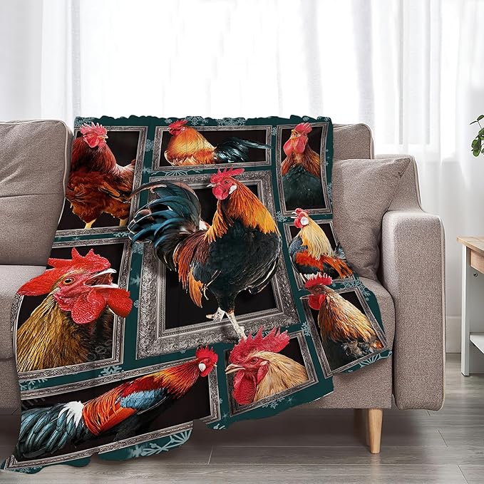Rooster Throw Blanket - Chicken Farm Animal Decor for Girls Boys Women Men Kids Adults - Soft Warm Cozy Fleece for Couch Sofa Bed 50"x40"