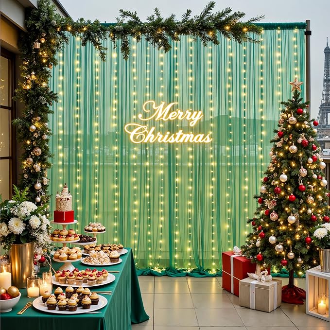 10ft x 8ft Hunter Green Tulle Photo Backdrop Curtain with Lights String for Christmas Party Sheer Curtain Backdrop Drapes for Birthday Party Holiday Wedding Photo Booth Background Room Decorations