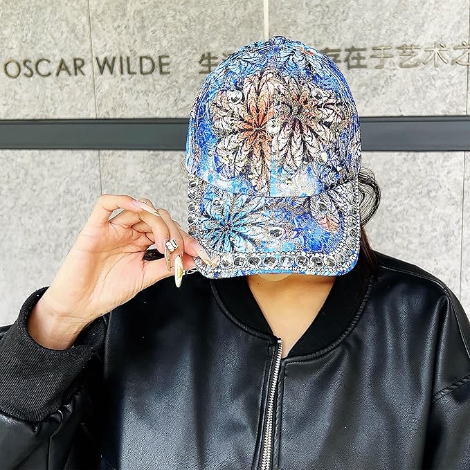 Bling Baseball Caps for Women, Rhinestone Summer Flower Baseball Hat, Adjustable Spring Fall Denim Sequin Jean Hat