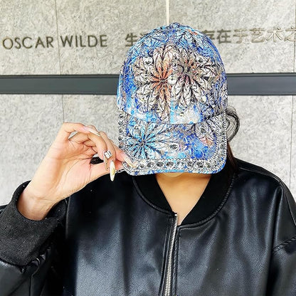 Bling Baseball Caps for Women, Rhinestone Summer Flower Baseball Hat, Adjustable Spring Fall Denim Sequin Jean Hat