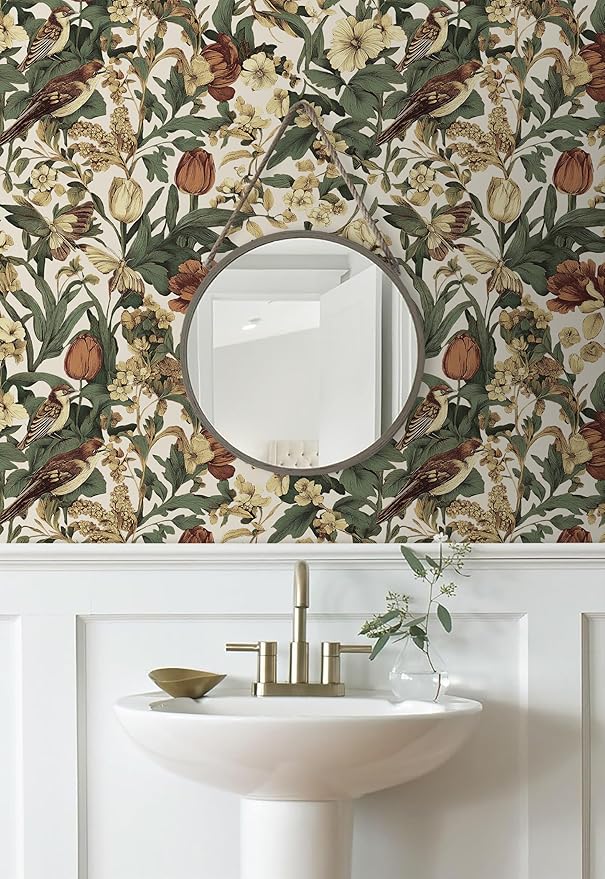 Erfoni 17.3" x 394" Birds Floral Peel and Stick Wallpaper Vintage Contact Paper for Livingroom Boho Floral and Leaf Self Adhesive Wall Paper Retro DIY Removable Wallpaper Vinyl Roll Beige